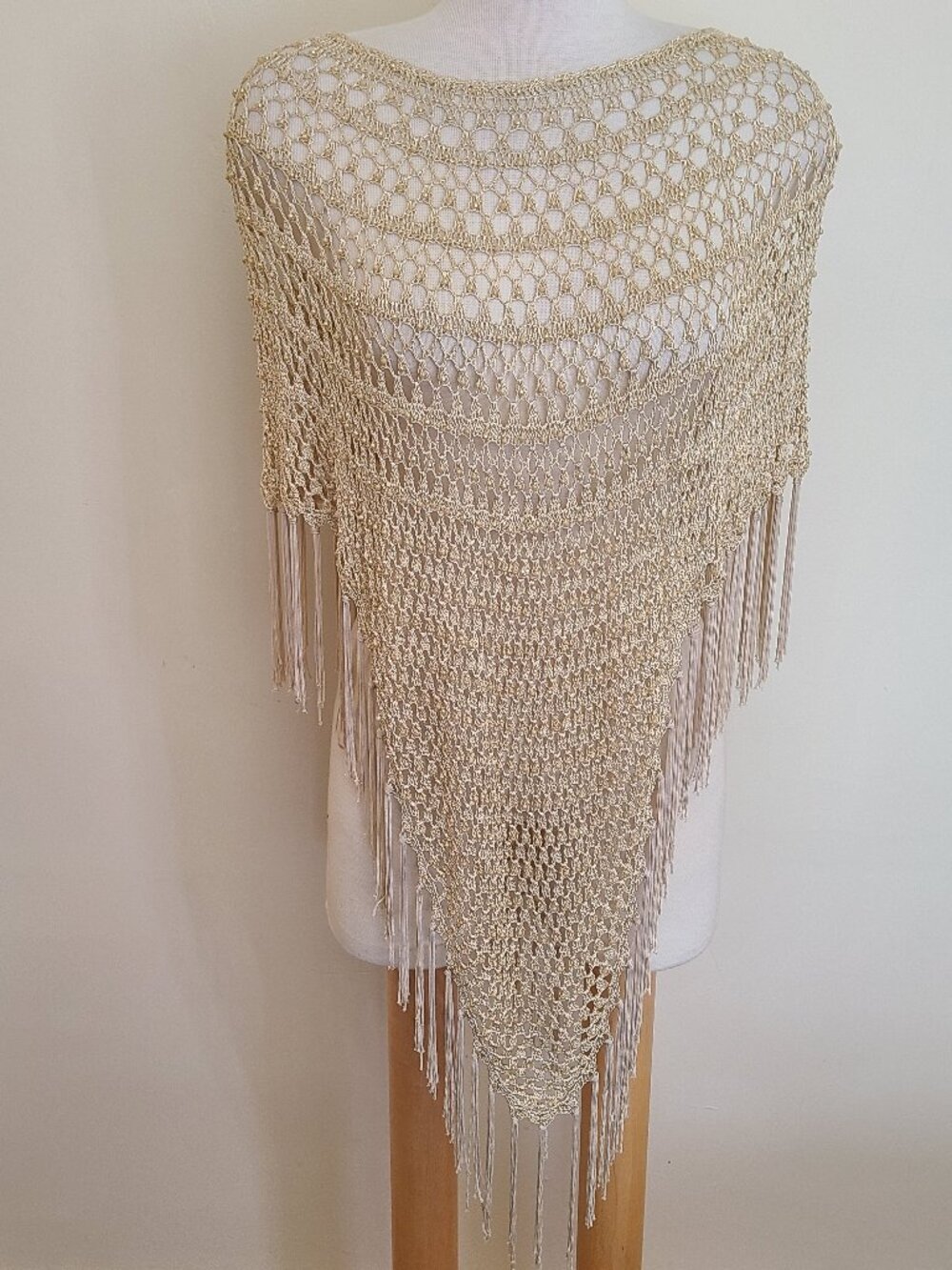 Red Coral Crochet Beaded Poncho Shawl - One Size